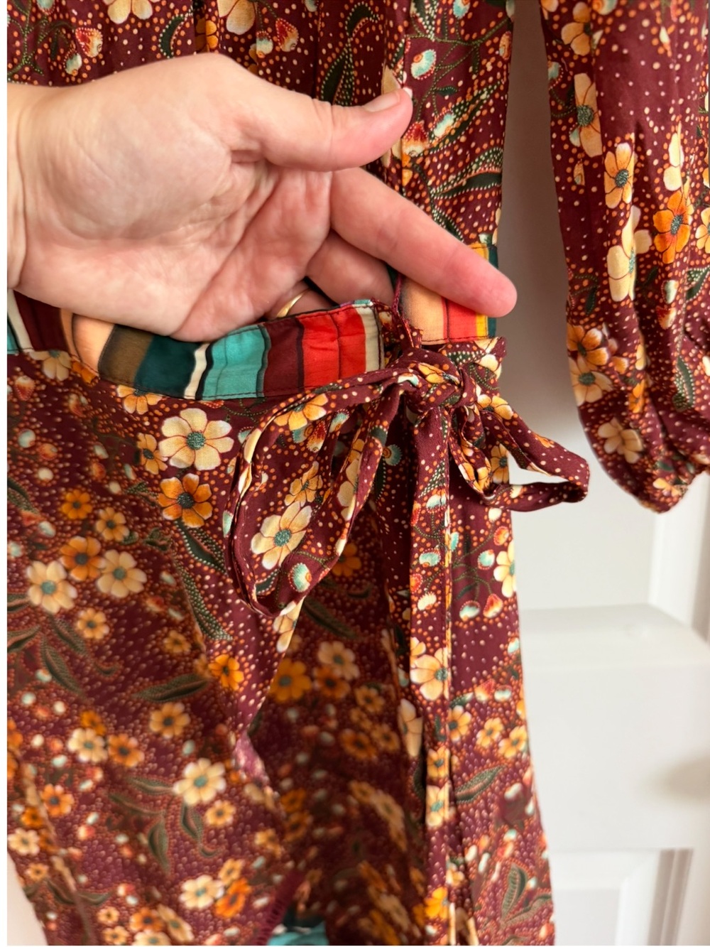 FARM Rio Burgundy Floral Maxi Wrap Dress with Multicolor Striped Trim - Picture 6 of 16